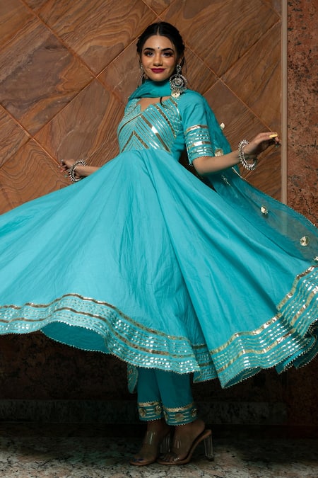 Buy Pomcha Jaipur Blue Anarkali, Dupatta Organza, Pant Pure Cotton Gota Notched Embellished Set Online at Aza Fashions Buy_Pomcha Jaipur_Blue Anarkali, Dupatta Organza, Pant Pure Cotton Gota Notched Embellished Set _Online_at_Aza_Fashions