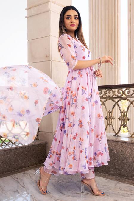 Pomcha Jaipur_Purple Floral Notched Print Anarkali Set _Online_at_Aza_Fashions