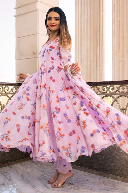 Buy_Pomcha Jaipur_Purple Floral Notched Print Anarkali Set _Online_at_Aza_Fashions