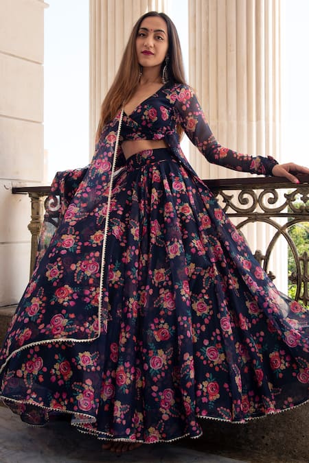 Buy_Pomcha Jaipur_Blue Organza Floral V Neck Print Lehenga Set _Online_at_Aza_Fashions