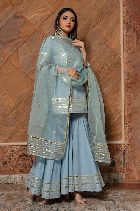 Pomcha Jaipur_Blue Blouse Pure Cotton, Dupatta Organza, Embroidered Kurta Sharara Set _Online_at_Aza_Fashions
