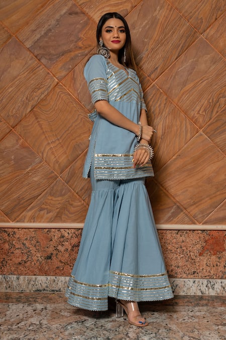 Buy_Pomcha Jaipur_Blue Blouse Pure Cotton, Dupatta Organza, Embroidered Kurta Sharara Set _Online_at_Aza_Fashions
