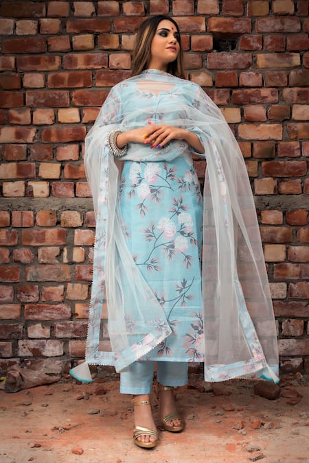 POMCHA JAIPUR Blue Kurta Modal Chanderi Cotton Printed Floral Motifs Notched Straight Set 