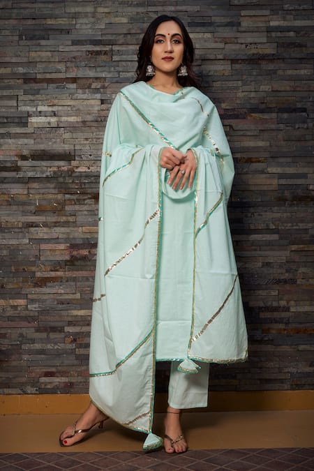 Pomcha Jaipur_Blue Cotton Round Kurta Pant Set _Online_at_Aza_Fashions
