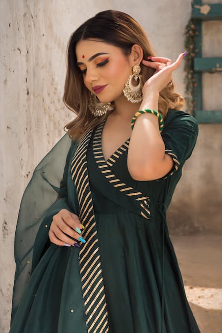 Buy_Pomcha Jaipur_Green Cotton Silk, Dupatta Organza V Neck Angarkha Pant Set _Online_at_Aza_Fashions