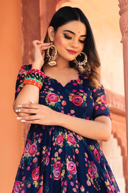 Buy Pomcha Jaipur Blue Organza And Cotton Floral Print Leaf Neck Anarkali Set Online at Aza Fashions Buy_Pomcha Jaipur_Blue Organza And Cotton Floral Print Leaf Neck Anarkali Set _Online_at_Aza_Fashions