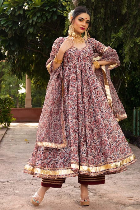 POMCHA JAIPUR Hand Block Print Anarkali Set 