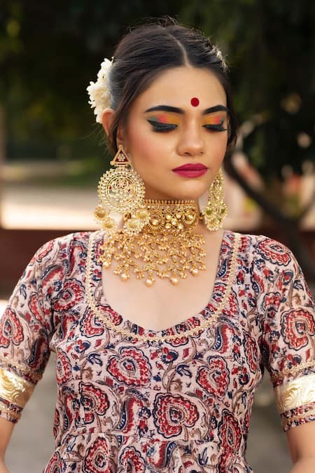 Buy_Pomcha Jaipur_Maroon Organza And Cotton Floral Print Leaf Neck Hand Block Anarkali Set _Online_at_Aza_Fashions