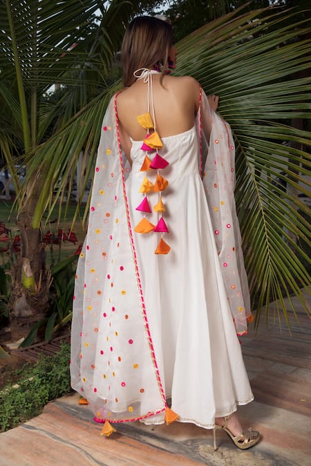 Shop_Pomcha Jaipur_White Cotton, Dupatta Organza Halter Neck Anarkali Set _at_Aza_Fashions