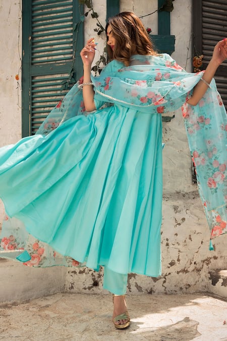 Pomcha Jaipur_Blue Cotton Floral Print Round Anarkali Pant Set _Online_at_Aza_Fashions