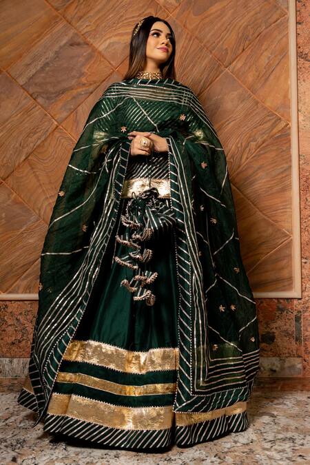 Shop Pomcha Jaipur Green Blouse Cotton Silk, Dupatta Organza, Lehenga Gota Round Set Online at Aza Fashions Shop_Pomcha Jaipur_Green Blouse Cotton Silk, Dupatta Organza, Lehenga Gota Round Set _Online_at_Aza_Fashions