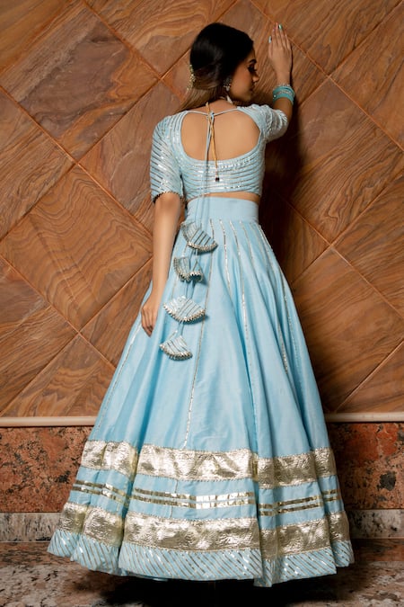 Pomcha Jaipur_Blue Blouse Cotton Silk, Dupatta Organza, Lehenga Gota Leaf Neck Set _Online_at_Aza_Fashions