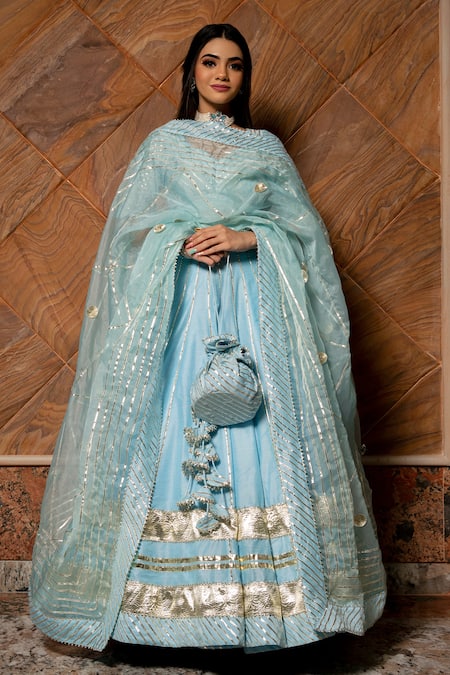 Buy_Pomcha Jaipur_Blue Blouse Cotton Silk, Dupatta Organza, Lehenga Gota Leaf Neck Set _Online_at_Aza_Fashions