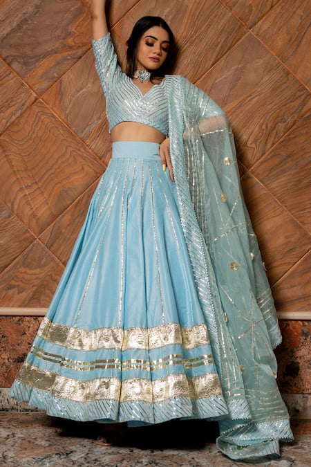 Shop_Pomcha Jaipur_Blue Blouse Cotton Silk, Dupatta Organza, Lehenga Gota Leaf Neck Set _Online_at_Aza_Fashions