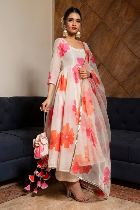 Pomcha Jaipur White Dupatta Organza, Pant Cotton Silk, Top Round Floral Pattern Anarkali Set 