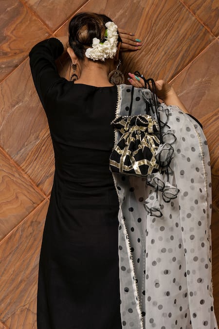 Shop_POMCHA JAIPUR_Black Dupatta Organza, Kurta And Pant Rayon Plain V Neck Cotton Silk Set _at_Aza_Fashions