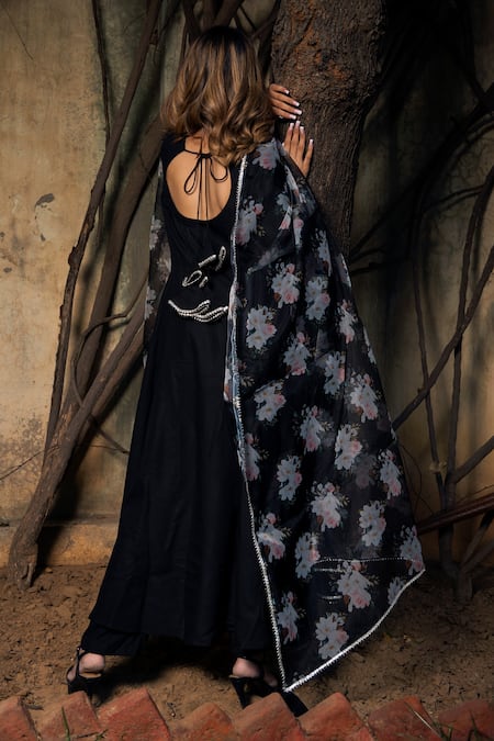 Shop Pomcha Jaipur Black Rayon, Dupatta Organza Floral Motifs U Anarkali Pant Set With Printed at Aza Fashions Shop_Pomcha Jaipur_Black Rayon, Dupatta Organza Floral Motifs U Anarkali Pant Set With Printed _at_Aza_Fashions
