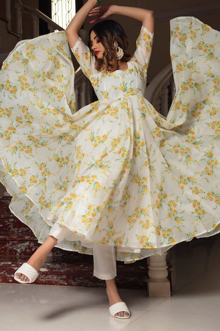 Pomcha Jaipur_White Organza, Pant Cotton Floral Motifs U Neck Print Anarkali Set _Online_at_Aza_Fashions