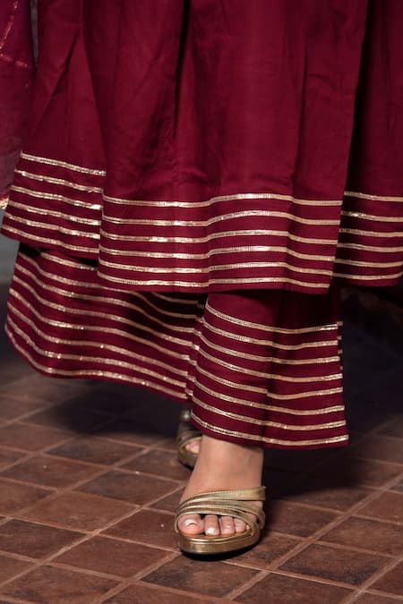 Shop_POMCHA JAIPUR_Maroon Cotton Round Anarkali Palazzo Set _Online_at_Aza_Fashions