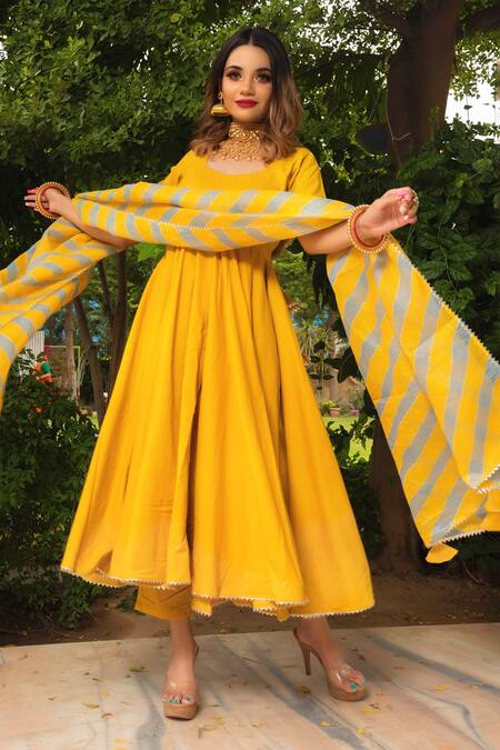 Pomcha Jaipur Yellow Cotton Round Anarkali Set Online at Aza Fashions Pomcha Jaipur_Yellow Cotton Round Anarkali Set _Online_at_Aza_Fashions