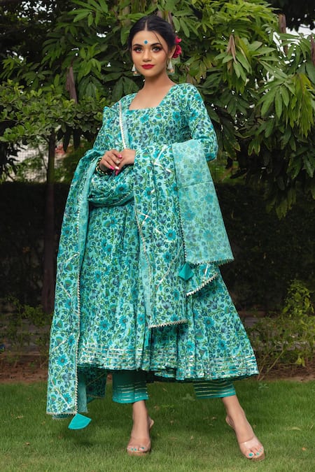 Pomcha Jaipur Floral Hand Block Print Anarkali Set 