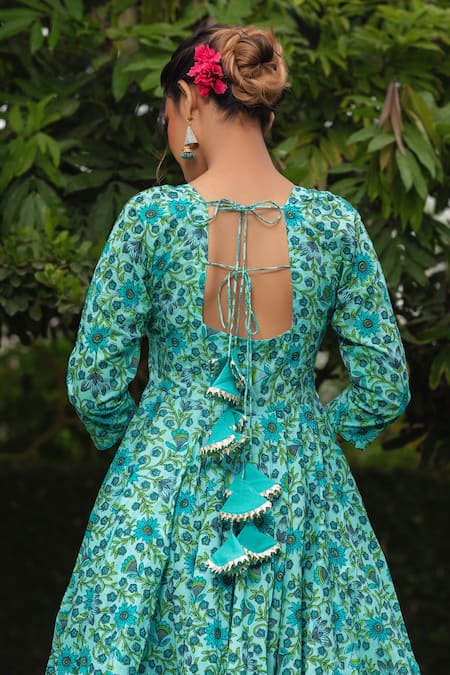 Pomcha Jaipur Floral Hand Block Print Anarkali Set 