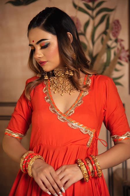 Shop_Pomcha Jaipur_Orange Cotton And Organza Bandhej Print V Neck Anarkali Set _Online_at_Aza_Fashions