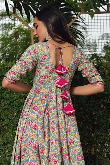 Shop_POMCHA JAIPUR_Pink Cotton And Soft Net Hand Block Leaf Neck Print Anarkali Pant Set _at_Aza_Fashions