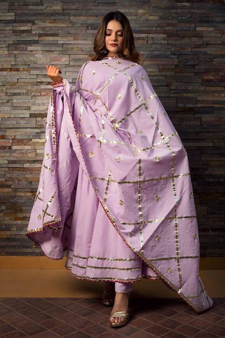 Pomcha Jaipur_Purple Cotton Notched Anarkali Set _Online_at_Aza_Fashions