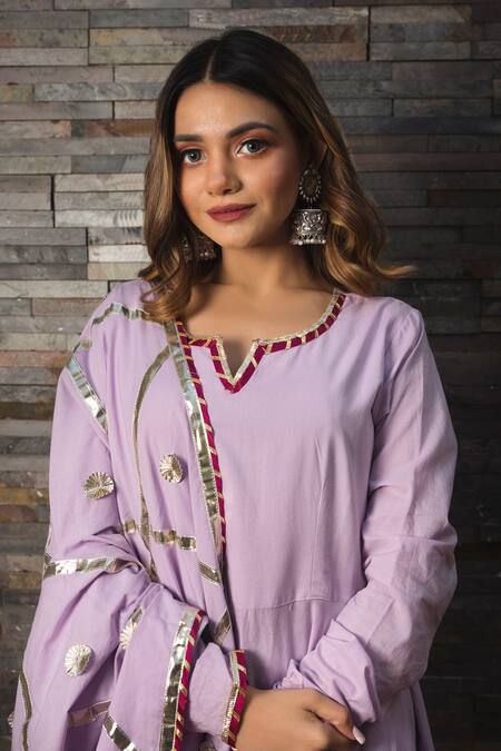 Buy_Pomcha Jaipur_Purple Cotton Notched Anarkali Set _Online_at_Aza_Fashions