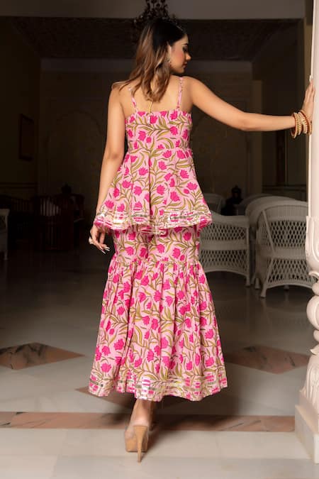 Shop_Pomcha Jaipur_Pink Cotton, Dupatta Soft Net Floral Motifs Hand Block Print Kurta Sharara Set _at_Aza_Fashions