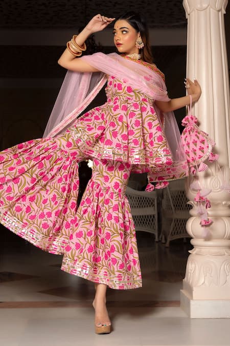 Pomcha Jaipur_Pink Cotton, Dupatta Soft Net Floral Motifs Hand Block Print Kurta Sharara Set _Online_at_Aza_Fashions