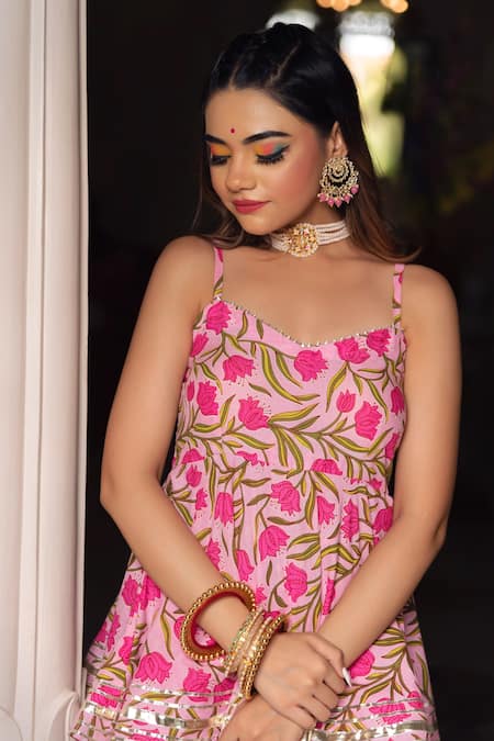 Buy_Pomcha Jaipur_Pink Cotton, Dupatta Soft Net Floral Motifs Hand Block Print Kurta Sharara Set _Online_at_Aza_Fashions