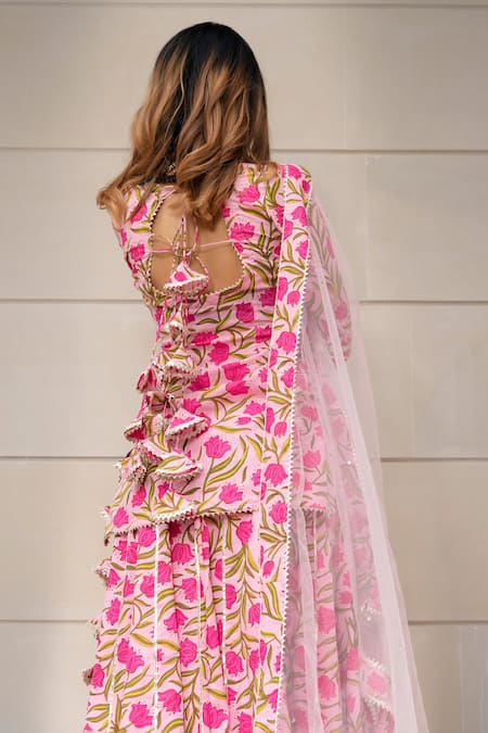 Shop_Pomcha Jaipur_Pink Cotton, Dupatta Soft Net Floral Motifs Hand Block Print Skirt Kurta Set _at_Aza_Fashions