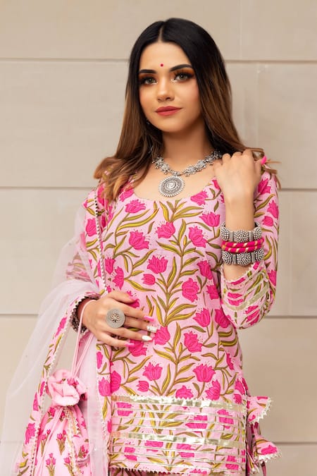 Buy_Pomcha Jaipur_Pink Cotton, Dupatta Soft Net Floral Motifs Hand Block Print Skirt Kurta Set _Online_at_Aza_Fashions