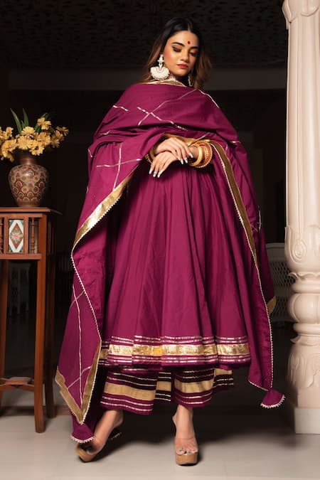 Pomcha Jaipur Maroon Cotton Round Anarkali Palazzo Set Online at Aza Fashions Pomcha Jaipur_Maroon Cotton Round Anarkali Palazzo Set _Online_at_Aza_Fashions