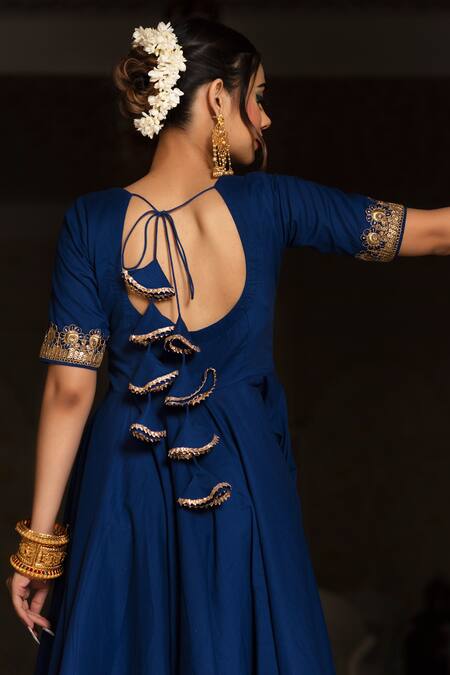 Shop_Pomcha Jaipur_Blue Cotton And Soft Net Thread & Sequin Scoop Neck Embroidered Anarkali Set _at_Aza_Fashions