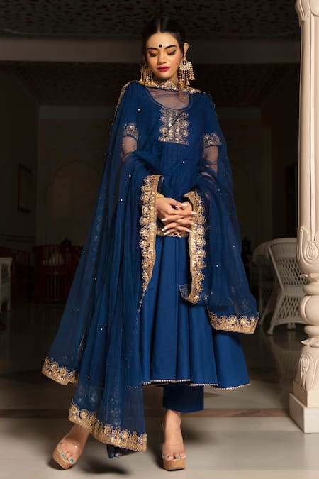 Pomcha Jaipur_Blue Cotton And Soft Net Thread & Sequin Scoop Neck Embroidered Anarkali Set _Online_at_Aza_Fashions