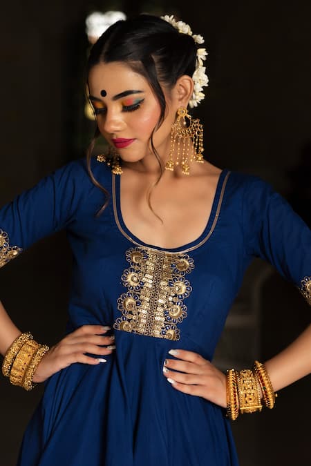 Buy_Pomcha Jaipur_Blue Cotton And Soft Net Thread & Sequin Scoop Neck Embroidered Anarkali Set _Online_at_Aza_Fashions