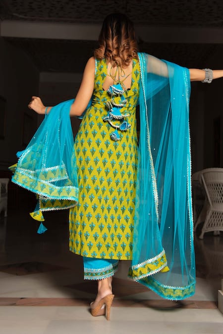 Shop Pomcha Jaipur Blue Cotton And Soft Net Hand Block Round Print Kurta Pant Set at Aza Fashions Shop_Pomcha Jaipur_Blue Cotton And Soft Net Hand Block Round Print Kurta Pant Set _at_Aza_Fashions