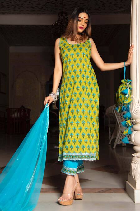 Pomcha Jaipur Blue Cotton And Soft Net Hand Block Round Print Kurta Pant Set Online at Aza Fashions Pomcha Jaipur_Blue Cotton And Soft Net Hand Block Round Print Kurta Pant Set _Online_at_Aza_Fashions