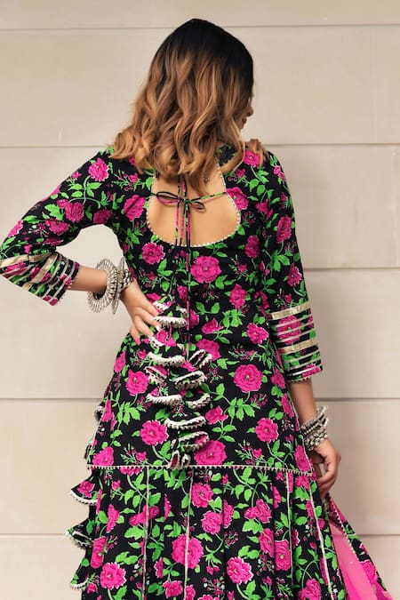 Pomcha Jaipur Hand Block Print Kurta Lehenga Set 
