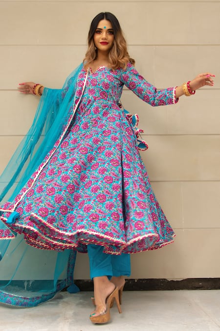 POMCHA JAIPUR Hand Block Print Anarkali Set 