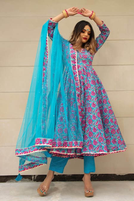 Pomcha Jaipur Blue Cotton Hand Block Notched Print Anarkali Set Online at Aza Fashions Pomcha Jaipur_Blue Cotton Hand Block Notched Print Anarkali Set _Online_at_Aza_Fashions