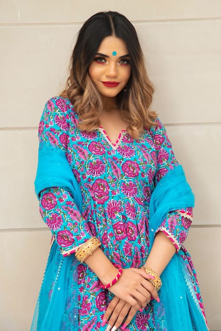 Buy Pomcha Jaipur Blue Cotton Hand Block Notched Print Anarkali Set Online at Aza Fashions Buy_Pomcha Jaipur_Blue Cotton Hand Block Notched Print Anarkali Set _Online_at_Aza_Fashions