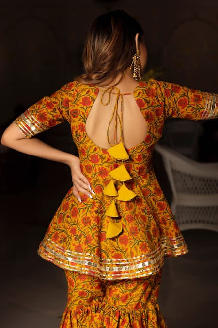 Shop_Pomcha Jaipur_Yellow Cotton Hand Block Leaf Neck Print Kurta Sharara Set _at_Aza_Fashions