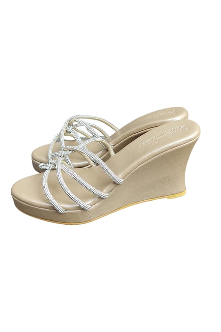 Shop Cinderella By Heena Yusuf Beige Embroidery Strappy Wedges at Aza Fashions Shop_Cinderella By Heena Yusuf_Beige Embroidery Strappy Wedges _at_Aza_Fashions