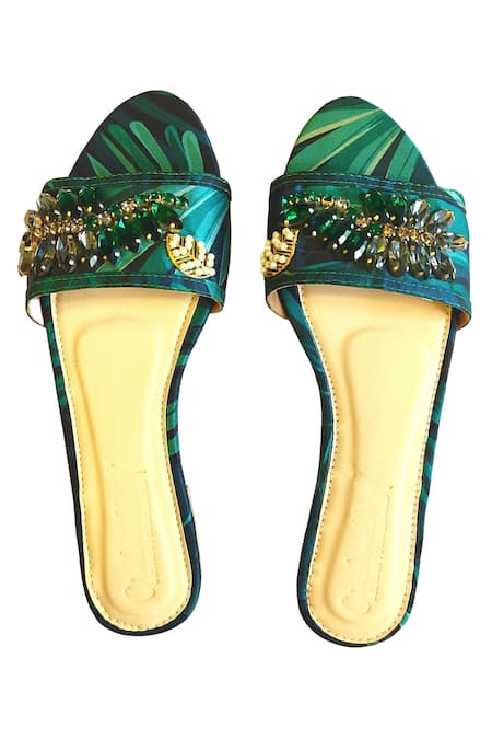 Shop Cinderella By Heena Yusuf Green Embroidered Baali Flats at Aza Fashions Shop_Cinderella By Heena Yusuf_Green Embroidered Baali Flats _at_Aza_Fashions