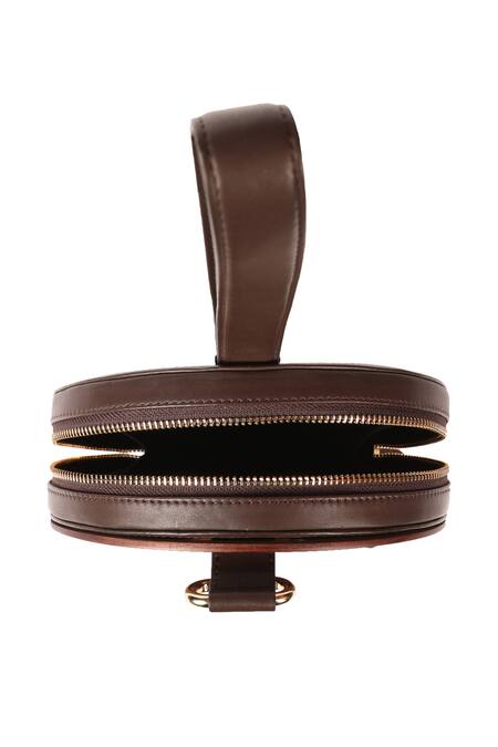 Duetluxury_Brown Embroidery Round Clutch_Online_at_Aza_Fashions