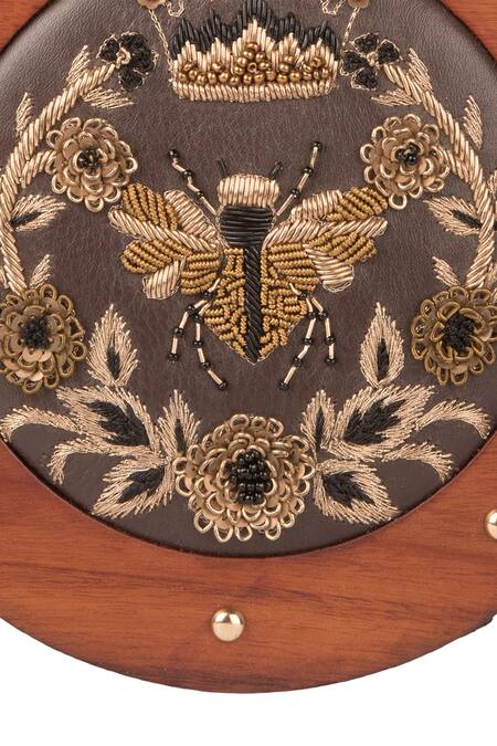 Buy_Duetluxury_Brown Embroidery Round Clutch_Online_at_Aza_Fashions